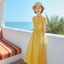 连衣裙女夏装2021年新款收腰显瘦气质法式复古方领女学生仙女裙子(黄色 M)