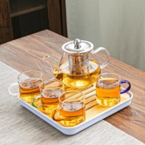 耐热玻璃功夫茶具套装家用泡茶器透明茶杯带把红茶花茶壶办公茶壶(八骏壶+4彩把杯5件套+四方盘)