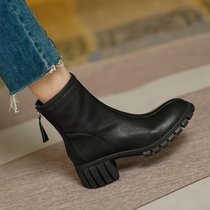 SUNTEK欧洲站冬2021新款黑色女鞋中跟圆头粗跟马丁靴厚底后拉链短靴(36 黑色绒里)