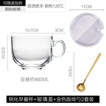 大容量金边早餐杯玻璃马克杯燕麦杯子家用带盖勺可微波牛奶麦片碗(【钢化杯+玻璃盖+咖啡勺】*2)