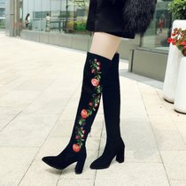 2017民族风玫瑰花磨砂全粗跟高跟侧拉链尖头女士过膝长筒靴(39)(黑色)