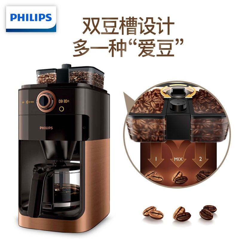 飞利浦（Philips）HD7762全自动咖啡机自动磨豆一体式咖啡壶 家用全自动美式咖啡机 豆粉两用(金色 热销)