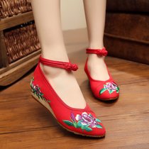 新款老北京布鞋女鞋透气平底绣花鞋尖头民族风红色结婚鞋舞蹈单鞋(37)(红色紫花)