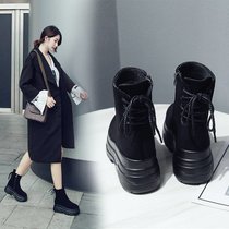 SUNTEK增高女鞋冬季2021新款松糕马丁靴女厚底英伦风短靴加绒雪地靴棉鞋(37 黑色【薄绒】升级版)