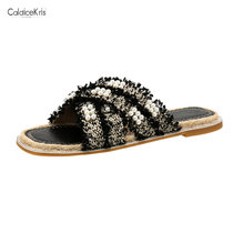 CaldiceKris （中国CK）波西米亚草编珍珠一字拖鞋CK-XV8-1(黑色 39)