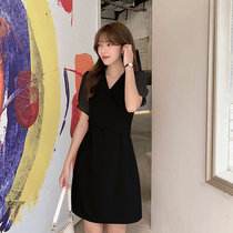 2022夏季新款韩版气质女装v领网纱拼接公主袖绑带连衣裙(黑色 M)