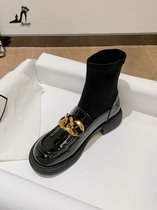 SUNTEK马丁靴女2021年新款英伦风春秋季瘦瘦单靴黑色连袜短靴子乐福女鞋(35 22177-黑色)