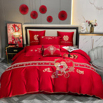 公主风60s支长绒棉贡缎四件套红色婚庆刺绣被套全棉1.8m床上用品(幸福牵手)