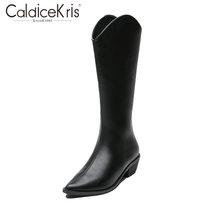 CaldiceKris（中国CK）秋冬新款尖头v口复古骑士西部牛仔靴CK-X5613(黑色 39)