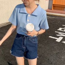 SUNTEK日系polo衫短袖t恤女夏季2022年新款美式复古ins潮原宿风半袖上衣(M 蓝色)