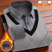 男士冬款加绒加厚假两件衬衫男长袖针织衫套头假两件加绒保暖衬衫(2801 4XL)