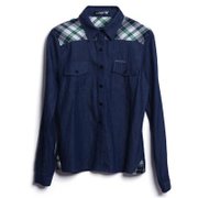 韩版学院风格韩版学院风格子拼接牛仔长袖衬衣9311222I(深蓝 S)