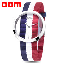 多姆（DOM）手表时尚尼龙表带欧美风情侣对腕表缕空透底石英女士男士手表(蓝白红表带款)