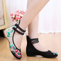 春新款老北京布鞋舞蹈民族风拼色绑带绣花鞋内坡跟女单鞋(37)(黑色)