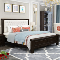 恒兴达 橡胶木实木床 美式实木床1.8米双人气压高箱床婚床1.5m单人床卧室家具(1.5*2米胡桃色+白皮 床+床垫+床头柜*2)