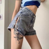 夏季复古ins设计感链条宽松牛仔短裤女高腰显瘦显腿长白搭热裤潮(蓝色+腰带 XL)