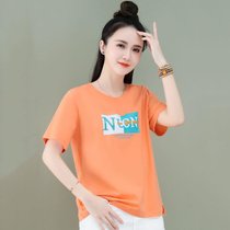 短袖T恤女夏季宽松时尚洋气印花小个子减龄短款上衣(橙红色 2XL 建议130-145斤)