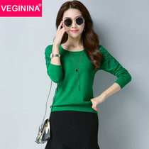 VEGININA 韩版宽松针织衫蕾丝拼接毛衣套头打底衫 D6081(绿色 XL)