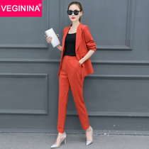 VEGININA 2017秋装新款修身显瘦时尚两件套潮 D6067(桔红色 XL)