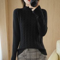 秋冬季新款女士半高领针织羊毛衫时尚百搭扭花套头毛衣打底衫上衣(黑色 XL)