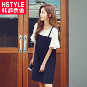 预售6.22之前发货 韩都衣舍2017韩版女装夏装新款宽松显瘦假两件荷叶袖连衣裙RW6534(黑色 XS)