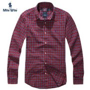 马罗威利 男装新品全棉欧美风格红色细格子衬衫男士长袖衬衫衬(L)