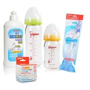 贝亲 新生儿/婴儿宽口径玻璃奶瓶 奶嘴 奶瓶刷 清洗液套装(AA70+AA72 EA03+MA26+BA58)