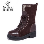 歌莉娅牛皮中筒女靴 时尚花型金属粗跟高端系带女靴 G0611(棕色 37)