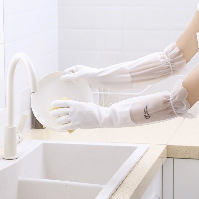 秋冬家用家务清洁手套加长加厚乳胶防滑手套厨房耐用洗碗手套(波浪单层 S)
