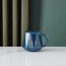 创意陶瓷水杯咖啡杯礼盒套装带盖勺欧式马克杯广告杯(蓝色单杯 盖子 勺子（泡沫装）)