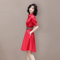 连衣裙女中长款2021新款夏季韩版修身时尚收腰气质休闲衬衫裙(红色 L)