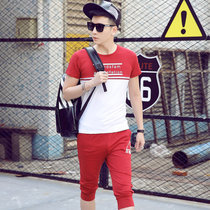 夏季青少年七分裤运动套装男士两件套初中学生短袖T恤韩版身潮流(红色 XXXL)