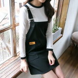 Mistletoe新款裙子秋韩版女装 撞色打底衫长袖两件套背带连衣裙(黑色 S)