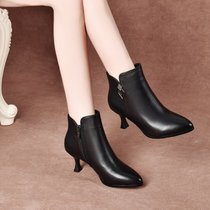 SUNTEK短靴女2021年秋冬季新款尖头低跟细跟靴子时尚加绒软皮女鞋(34 黑色/单里)