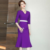 MISS LISA韩版时尚气质中长款V领连衣裙修身大码裙子YWZ8113(紫色 M)