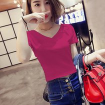 SUNTEK夏装2022新款短袖t恤女生半袖体恤修身上衣心机洋气打底小衫v领(XL 玫红色)