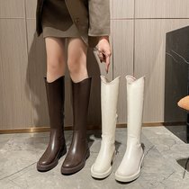 SUNTEKkaka增高女鞋棕色高筒骑士靴女小个子瘦瘦靴厚底中筒咖啡色长靴子(38 白色-内增高7CM-单里)