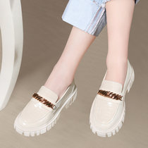 小皮鞋女英伦风春季中跟厚底2022年新款春鞋白色漆皮一脚蹬乐福鞋(米色/5511(跟高4.5cm) 39)