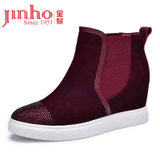 金猴Jinho 时尚套脚内增高女鞋 反绒耐磨高跟女短靴 Q49032A(酒红色 38)