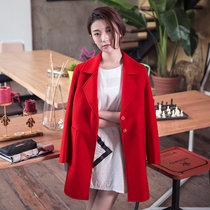 大衣女双面绒羊毛呢子外套女中长款秋冬新款女装简约暗扣修身韩版  TFD8111(红色 L)