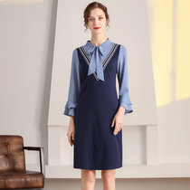 春装2021年新款大码胖mm连衣裙显瘦洋气减龄喇叭袖仙女裙女53051(蓝色 XL)