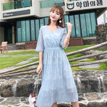 莉菲姿 夏季新款仙女裙韩版女雪纺连衣裙短袖v领性感中长款百褶裙(蓝色 XL)
