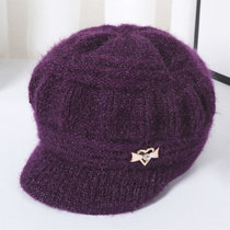 冬季新款中老年帽子女针织毛线帽女士加绒保暖护耳帽子妈妈奶奶帽(南瓜帽紫色 有弹力)