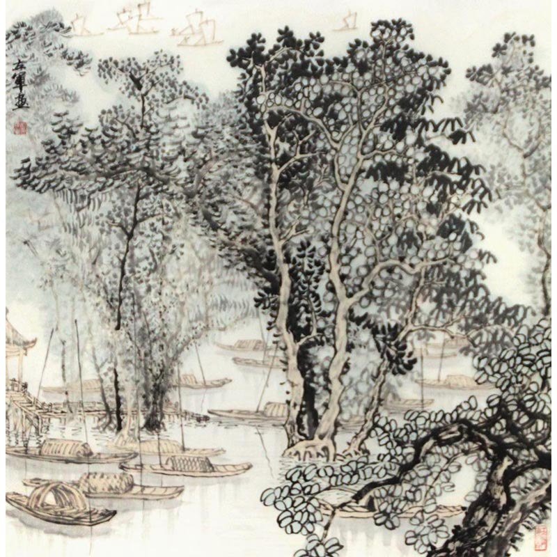 国画杜立军山水小品2国画山水画水墨写意墨石野菠萝痴人山水树木船