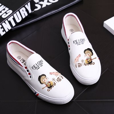 【简约大童一脚蹬懒人涂鸦小白鞋女休闲黑色帆