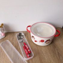 韩版ins风陶瓷泡面碗宿舍用学生可爱麦片沙拉甜品碗大容量手柄碗(不二家干饭碗+PVC盖+勺叉套装)