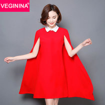 VEGININA 纯色修身包臀一步裙时尚无袖斗篷连衣裙女 9919(红色 XXL)