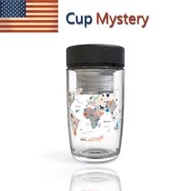 美国cup mystery进口商务皮质杯盖卡通地图茶隔高硼硅玻璃杯(黑盖世界地图玻璃杯)