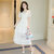 窈兹 新款白色蕾丝裙女装雪纺连衣裙仙韩版短袖圆领镂空中长裙(白色 XL)
