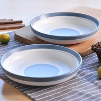 日式陶瓷米饭碗碟创意菜盘子咖啡杯简约蓝色边缘马克杯时尚餐具(7.5英寸雪花釉深盘1个 默认版本)